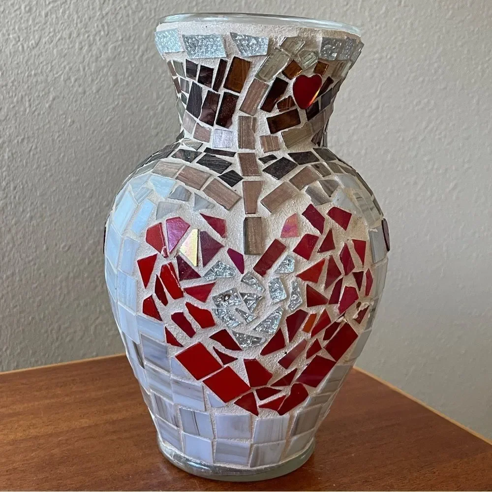 Handmade Mosaic Vase Heart Shaped Design Red Silver Cream